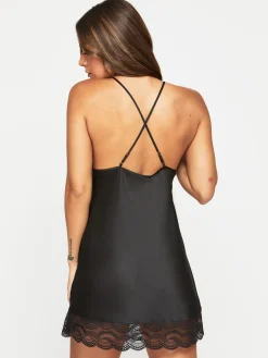 Adoration Satin Lace Chemise Lingerie - Black