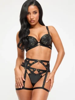After Dark PU Padded Plunge Bra - Black