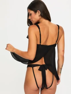 All Your Desires Crotchless Babydoll Lingerie 2 Piece Set - Black