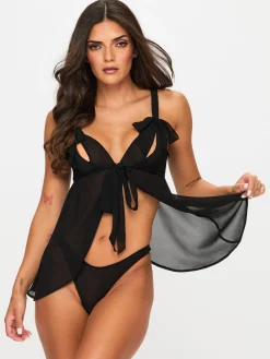 All Your Desires Crotchless Babydoll Lingerie 2 Piece Set - Black