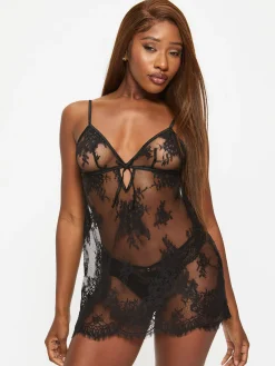 Availing All Over Lace Chemise Lingerie - Black