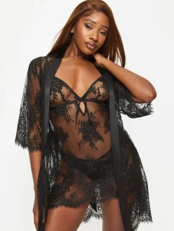 Availing All Over Lace Robe - Black