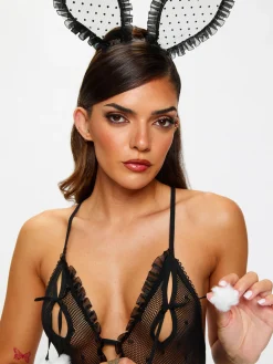 Bedroom Bunny 2 Piece Peek-A-Boo Crotchless Body with Ears - Black