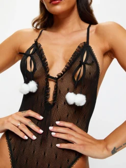 Bedroom Bunny 2 Piece Peek-A-Boo Crotchless Body with Ears - Black