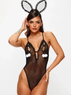 Bedroom Bunny 2 Piece Peek-A-Boo Crotchless Body with Ears - Black