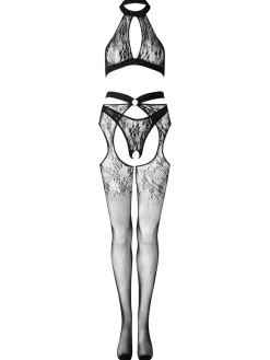 Beneath The Sheets Crotchless Bodystocking 3 Piece Set - Black