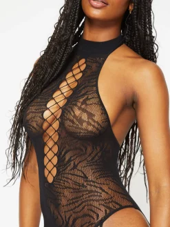 Be Wilder Zebra Print Crotchless Bodystocking - Black