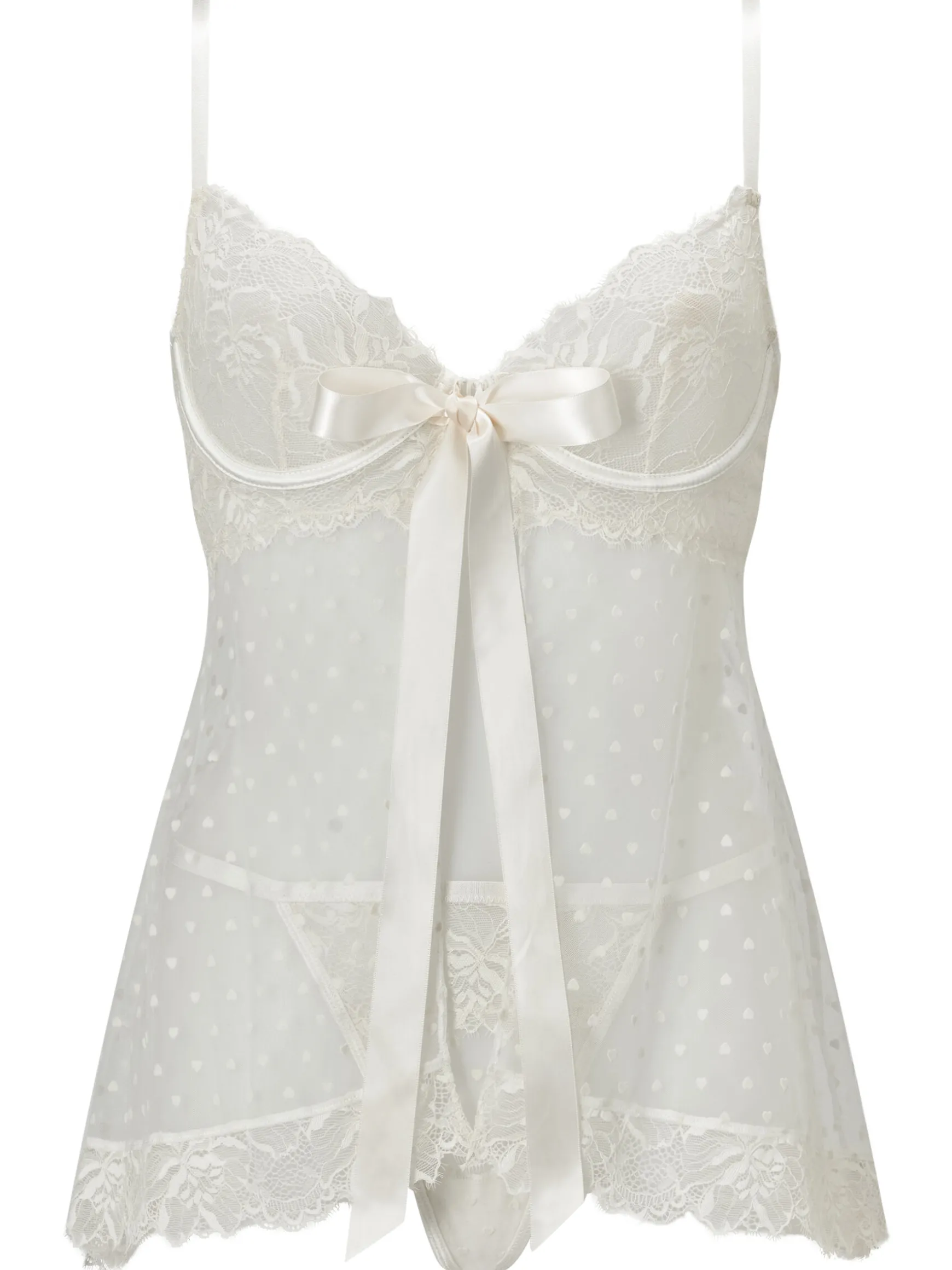 Bon Bon Flocked Heart Babydoll 2 Piece Lingerie Set - Ivory
