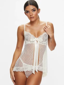 Bon Bon Flocked Heart Babydoll 2 Piece Lingerie Set - Ivory