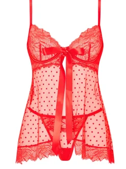 Bon Bon Flocked Heart Babydoll 2 Piece Lingerie Set - Red