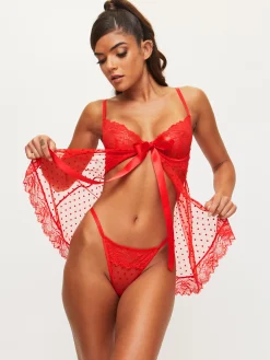 Bon Bon Flocked Heart Babydoll 2 Piece Lingerie Set - Red