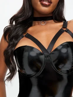Bondage Bunny 4 Piece PU Costume with Choker & Bunny Ears - Black