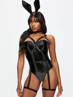Bondage Bunny 4 Piece PU Costume with Choker & Bunny Ears - Black