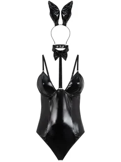 Bondage Bunny 3-Piece PU Outfit with Bunny Ears - Black