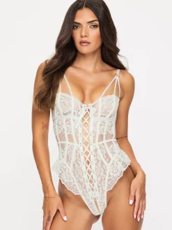 Boudoir Tease Lace Crotchless Teddy - Ivory