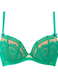 Caged Lace Padded Plunge Bra - Mid Green