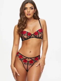 Caged Rose Brazilian Knickers - Black/Red