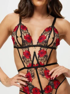 Caged Rose Crotchless Lingerie Body - Black