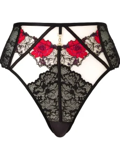 Caged Rose High Waisted Brazilian Knickers - Black/Red