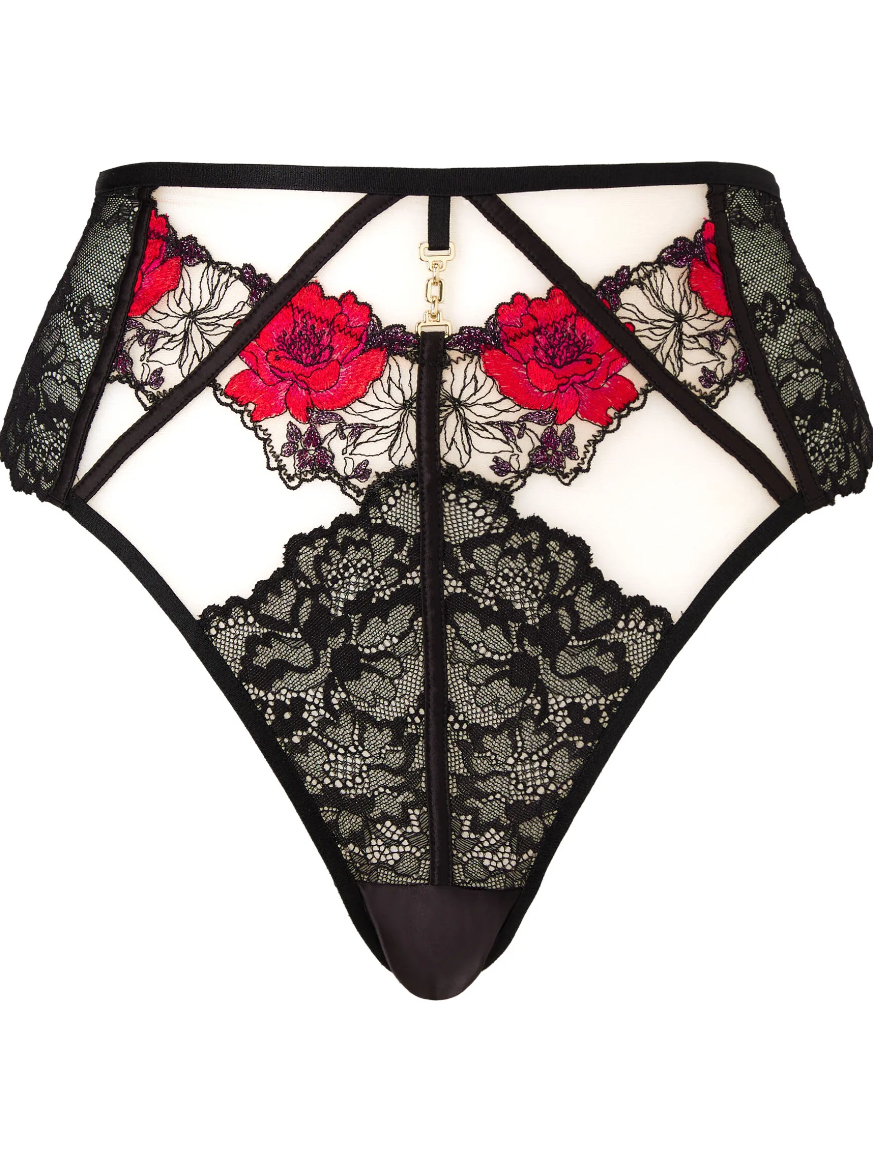 Caged Rose High Waisted Brazilian Knickers - Black/Red