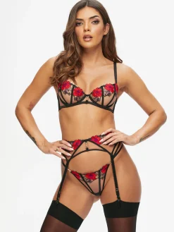 Caged Rose Non Padded Balcony Bra - Black/Red