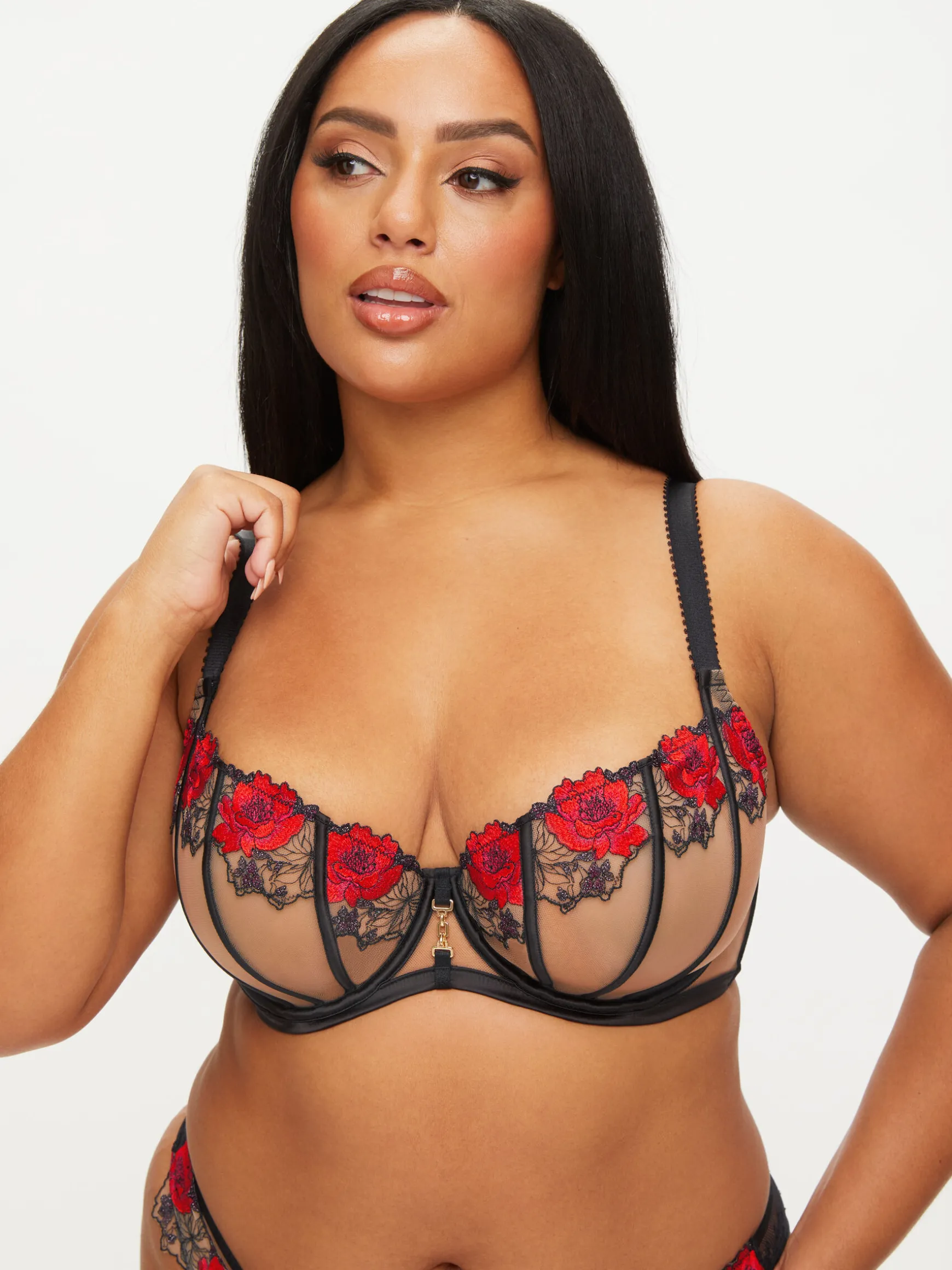 Caged Rose Non Padded Fuller Bust Balcony Bra - Black/Red