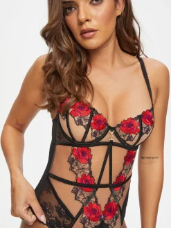 Caged Rose Non Padded Lingerie Body - Black/Red