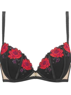Caged Rose Padded Plunge Bra - Black/Red