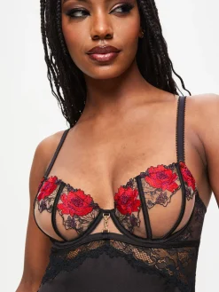 Caged Rose Satin Chemise Lingerie - Black/Red