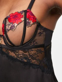 Caged Rose Satin Chemise Lingerie - Black/Red