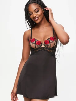 Caged Rose Satin Chemise Lingerie - Black/Red