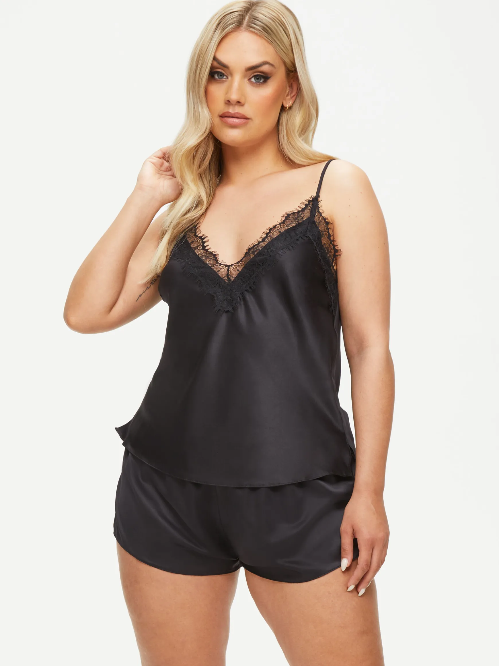 Cerise Satin Lace Cami Top & Shorts Set - Black