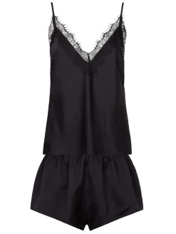 Cerise Satin Lace Cami Top & Shorts Set - Black