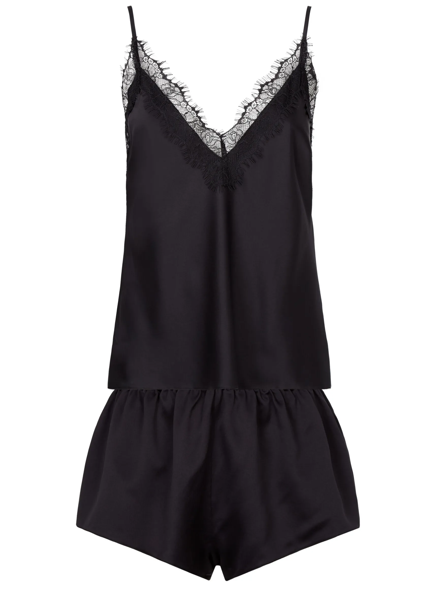 Cerise Satin Lace Cami Top & Shorts Set - Black