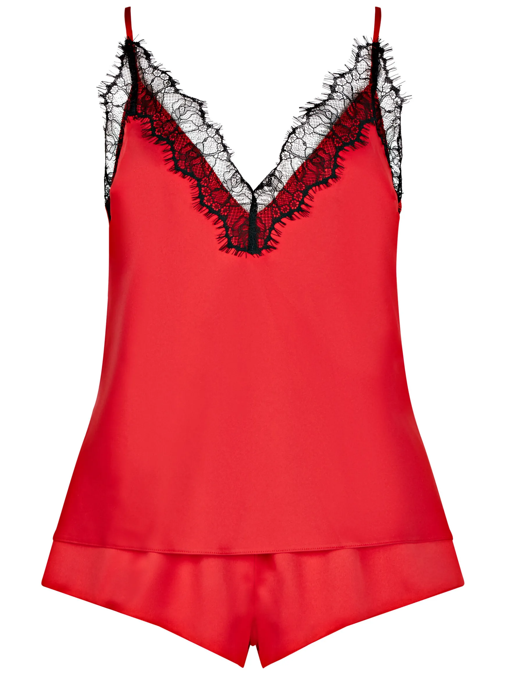 Cerise Satin Lace Cami Top & Shorts Set - Red