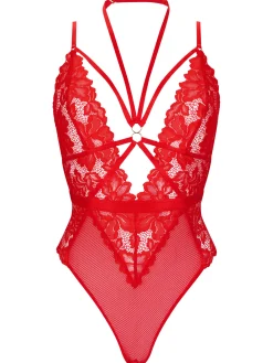 Confession Lace Crotchless Lingerie Body - Bright Red