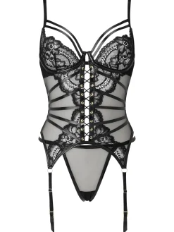 Dark Whispers Lace Crotchless Cami Suspender - Black