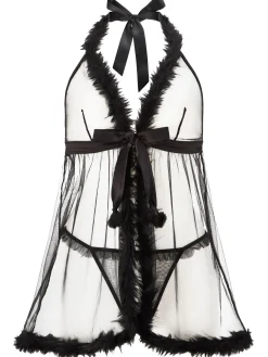 Desires At Dusk Crotchless Babydoll Lingerie 2 Piece Set - Black