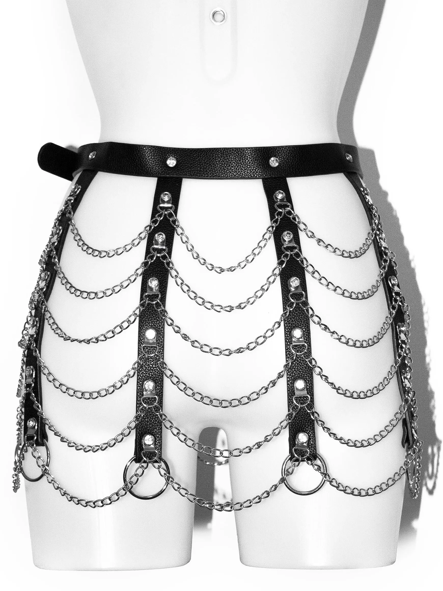 Diamante & Chain Faux Leather Skirt Harness - Black