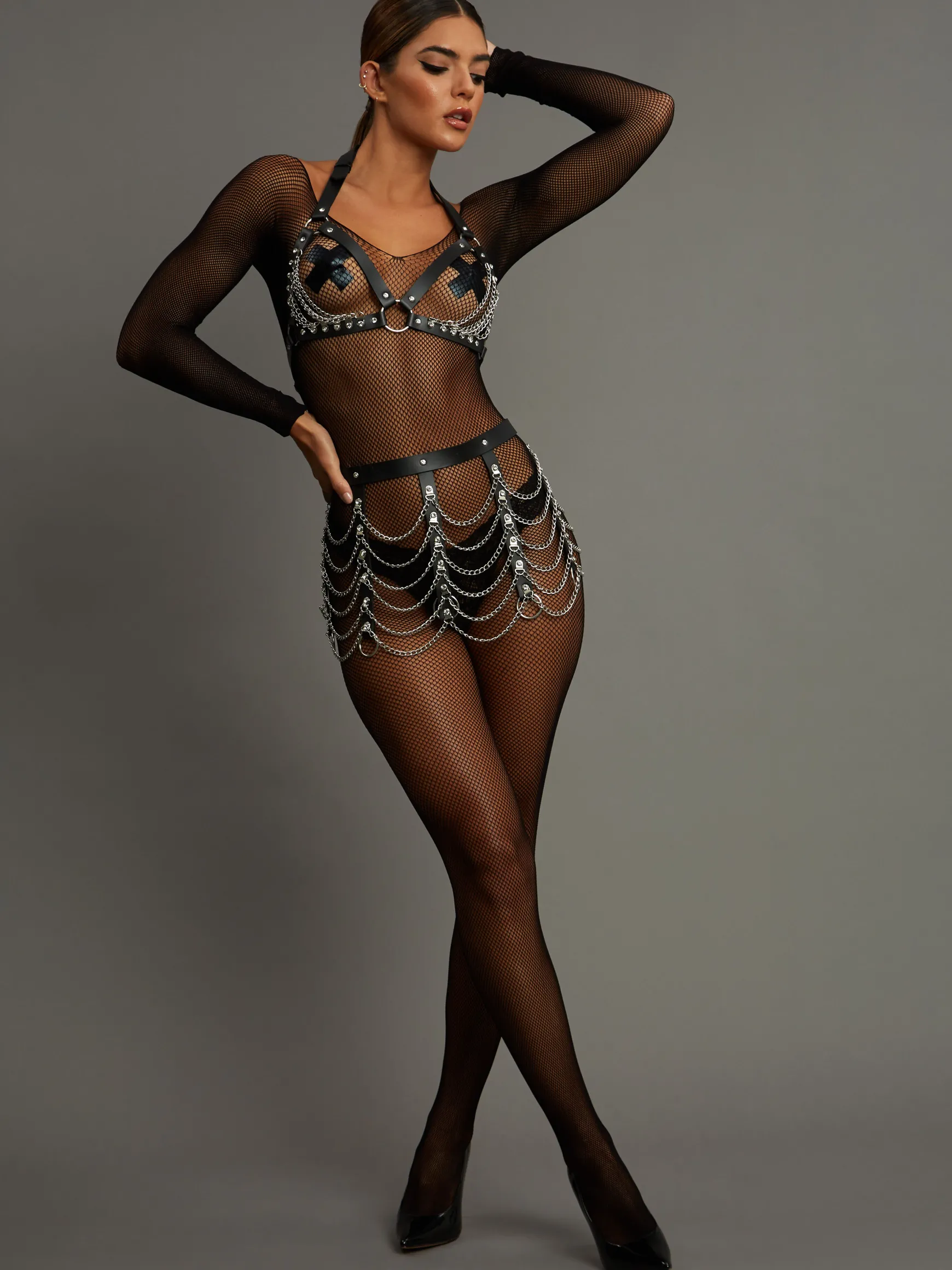 Diamante & Chain Faux Leather Skirt Harness - Black