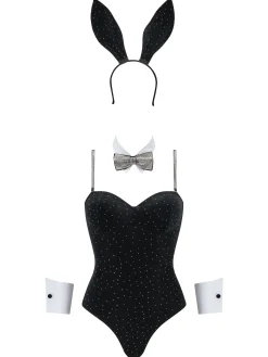 Diamante Tuxedo Bunny Velvet 4 Piece Costume with Ears - Black