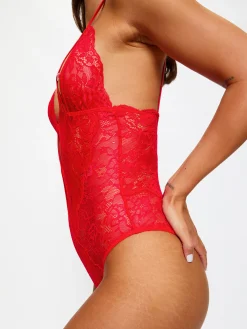 Diamond Heart Lace Peek-a-Boo Crotchless Lingerie Body - Red