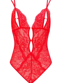 Diamond Heart Lace Peek-a-Boo Crotchless Lingerie Body - Red