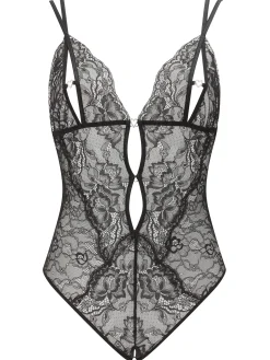 Diamond Heart Lace Peek-a-Boo Crotchless Lingerie Body - Black