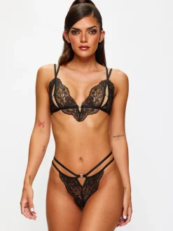 Diamond Heart Lace Peek-a-Boo Crotchless 2 Piece Set - Black