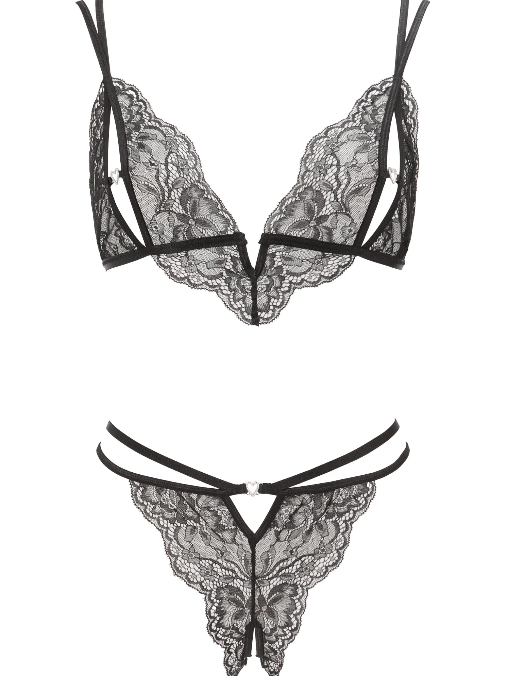 Diamond Heart Lace Peek-a-Boo Crotchless 2 Piece Set - Black