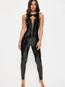 Dominating PU Keyhole Cut-Out Jumpsuit - Black