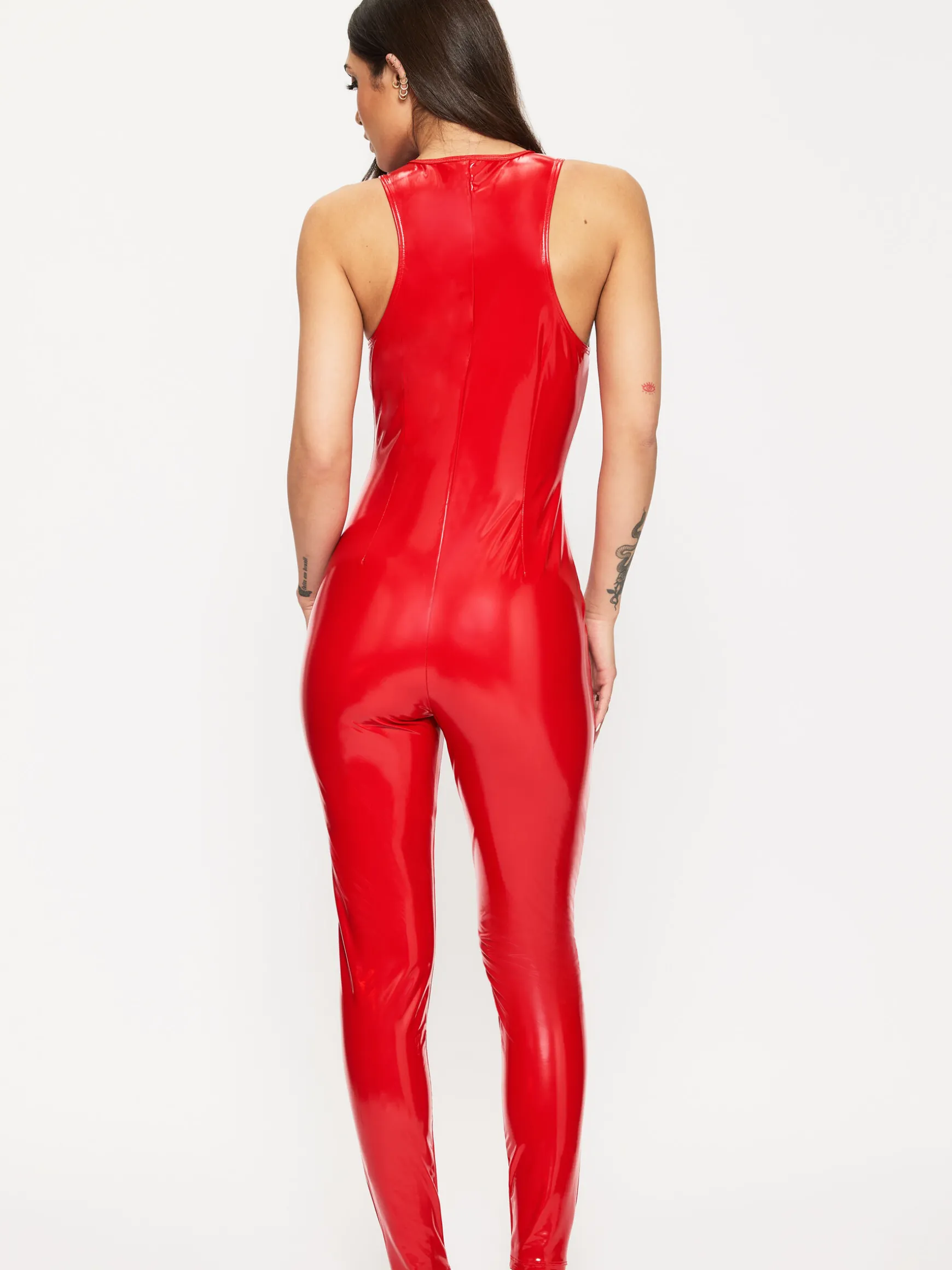 Dominating PU Keyhole Cut-Out Jumpsuit - Red