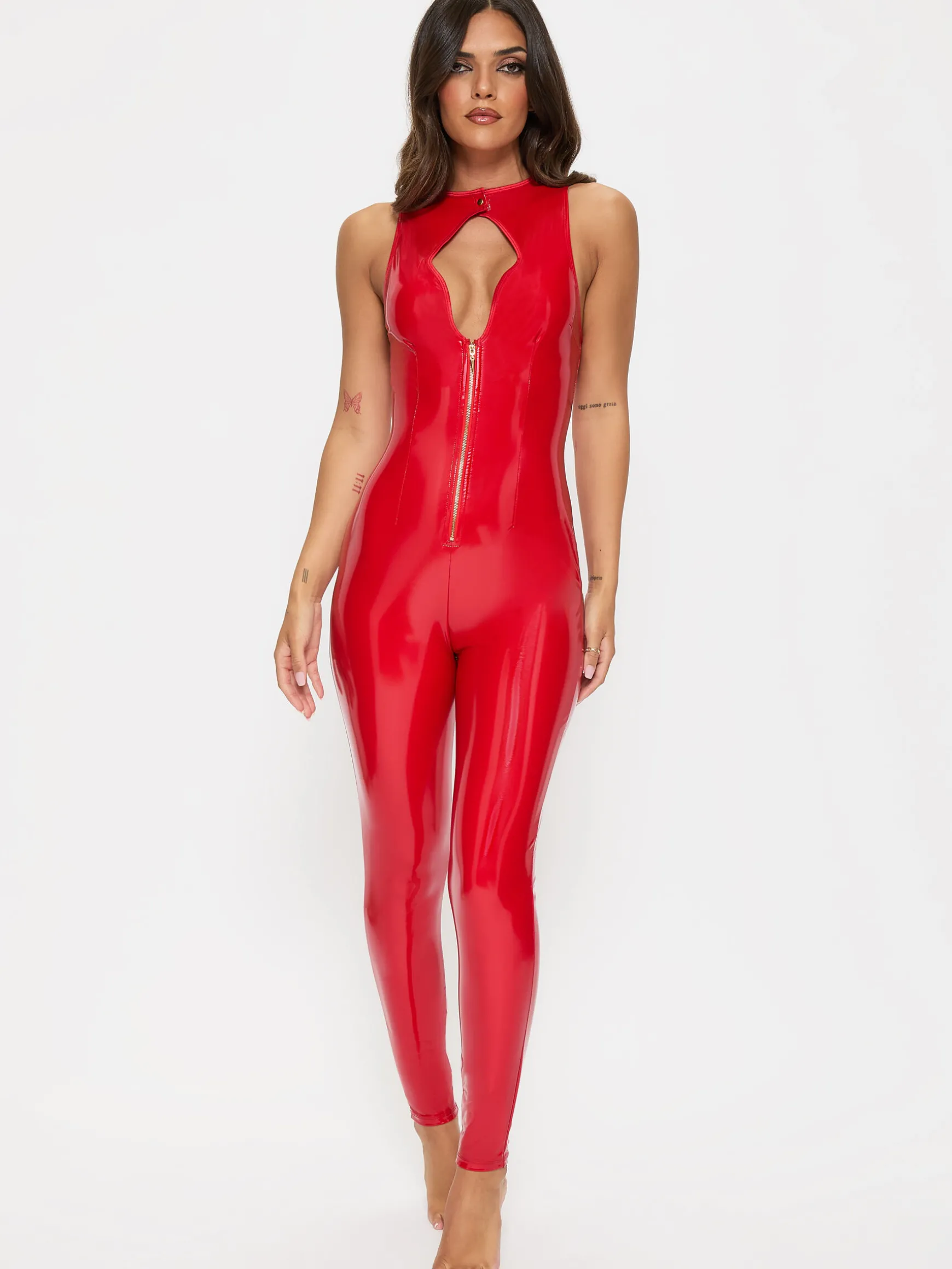 Dominating PU Keyhole Cut-Out Jumpsuit - Red