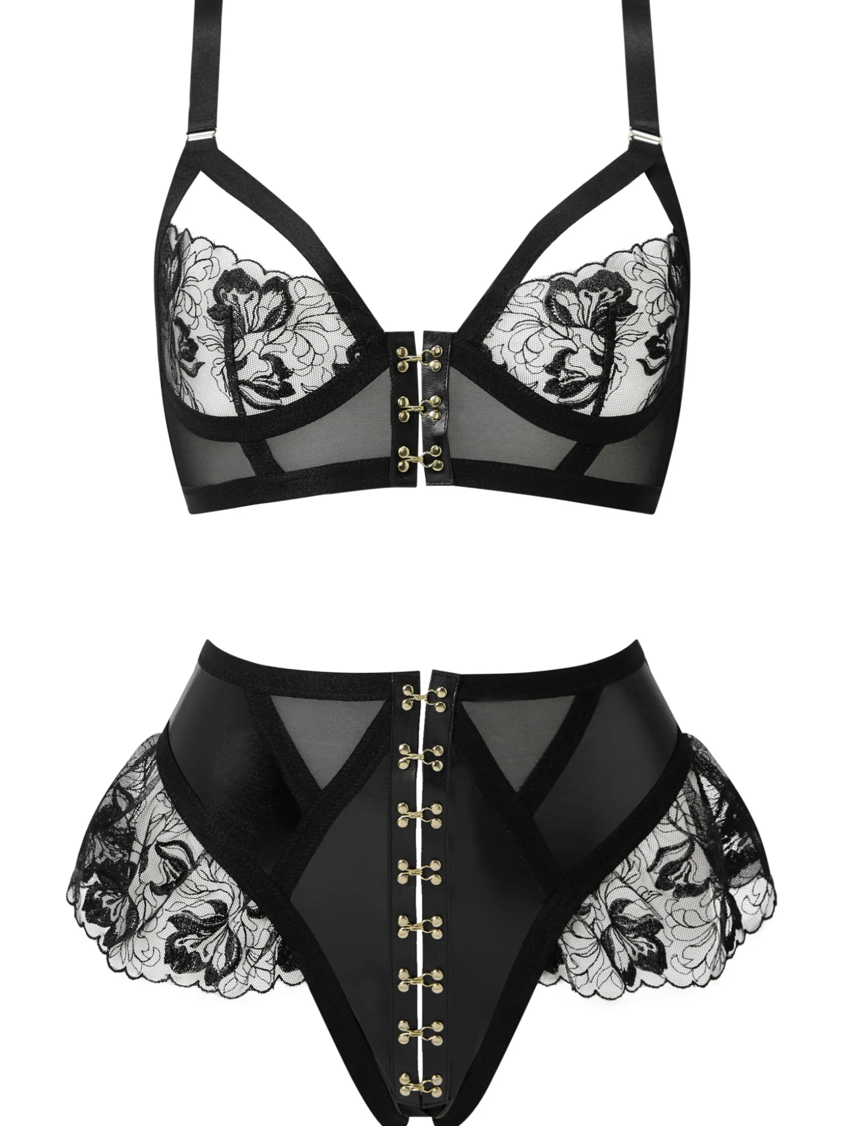 Ecstatic PU & Lace Crotchless 2 Piece Lingerie Set - Black
